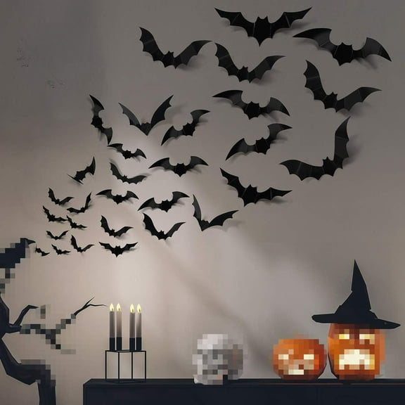XIUWD 3D Black Bat Wall Stickers, Halloween Decorations Scary Bats Window Decals, DIY Home Party Supplies, Multi‑Sizes Bat Decor for Indoor Outdoor
