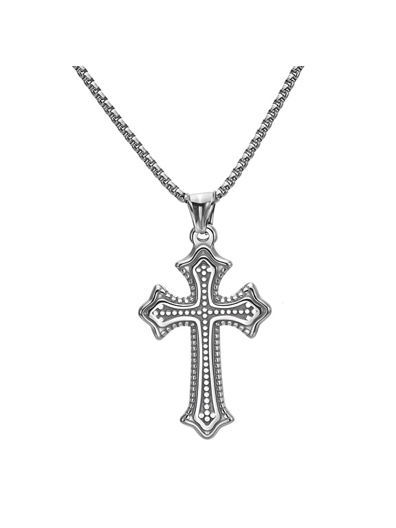 Cross Necklace for Men – Polished Stainless Steel Cross Pendant Necklace 24″ Chain, Durable Silver-Tone Men's Necklace, Christian Jewelry Gift for Men