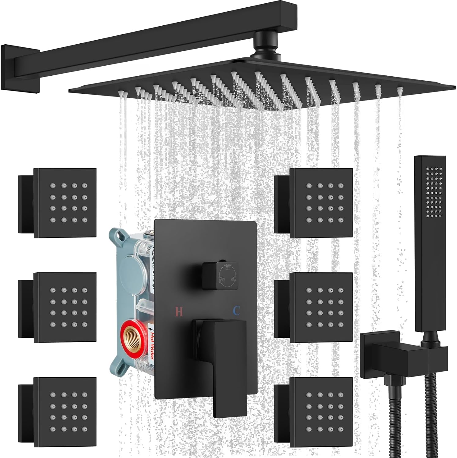 XIYI Wall Mounted Rain Mixer Shower Faucet Set Matte Black 12 inch