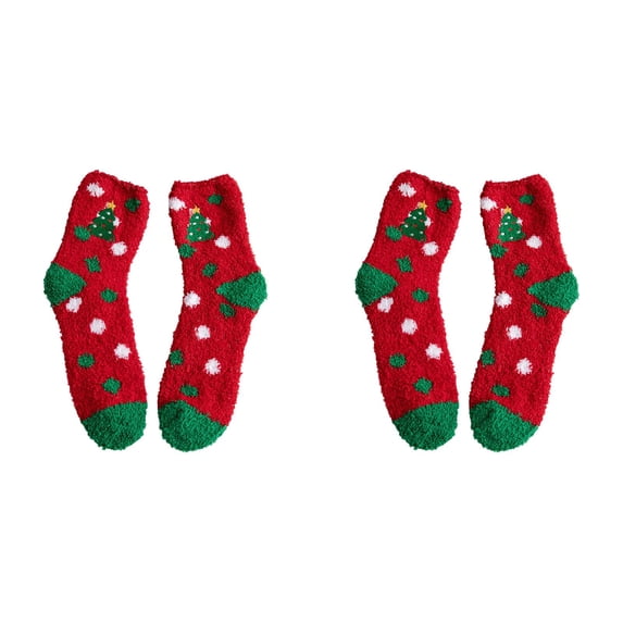 XIYNBAOK 2 Pairs Christmas Socks Winter Fuzzy Socks Christmas Tree Snowflake Snowman Bow Cotton Socks Novelty Dress Socks for Men Women Xmas Party Crew Socks