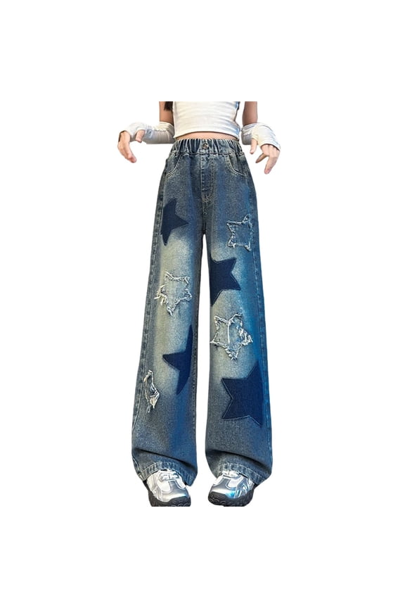 Girls Baggy Jeans Teen Girls Fashion Star Stitching Decorated Wide Leg Denim Pants Kids Y2k Vintage Boyfriend Trousers