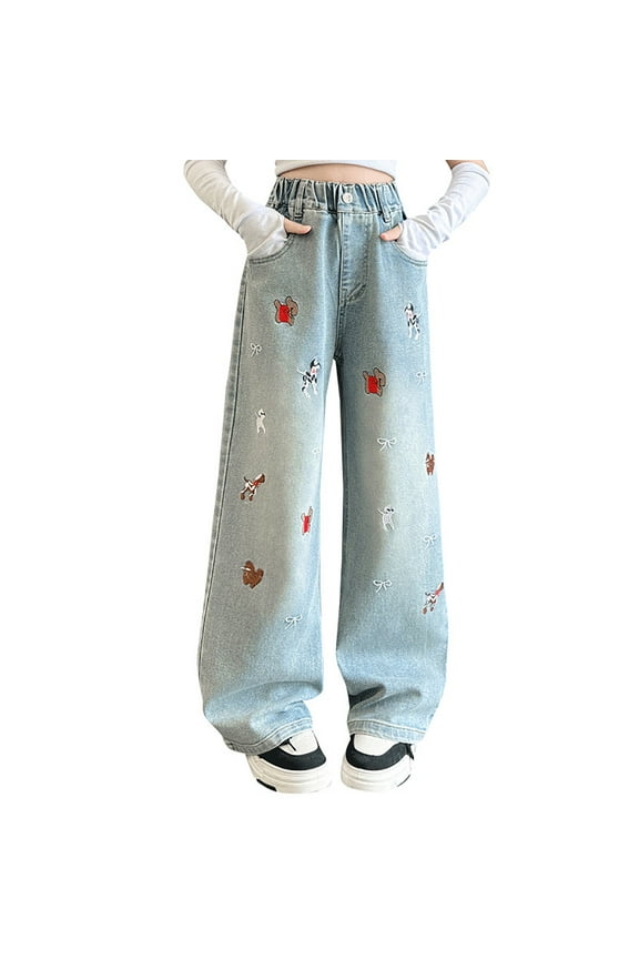 Juniors Jeans Wide Legged Jeans Black Flared Jeans Baggy Pants Y2k 12 Year Old Girl Clothes Preppy Kids Clothes Cute Girls Clothes, Blue 6-7 Years