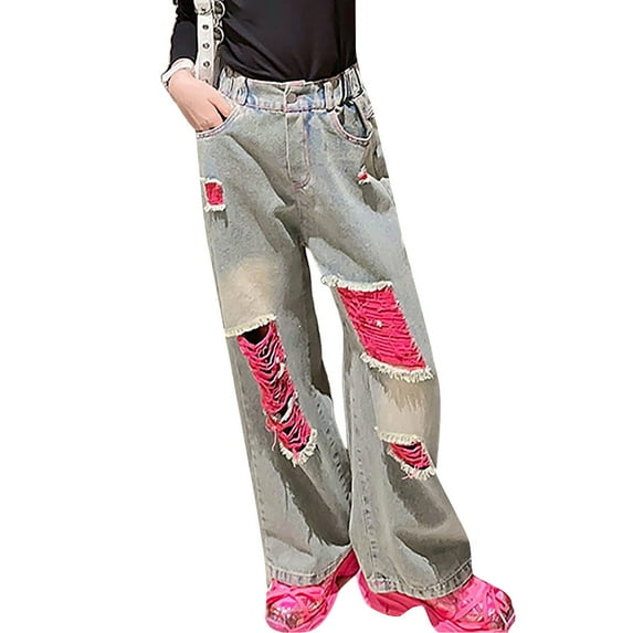 XIYNBAOK Pull on Petite Jeans Wide Jeans Black Ripped Jeans Cargo Pants Teen Clothes Athletic Clothes Little Girl Clothes Size 6-7, Pink 7-8 Years