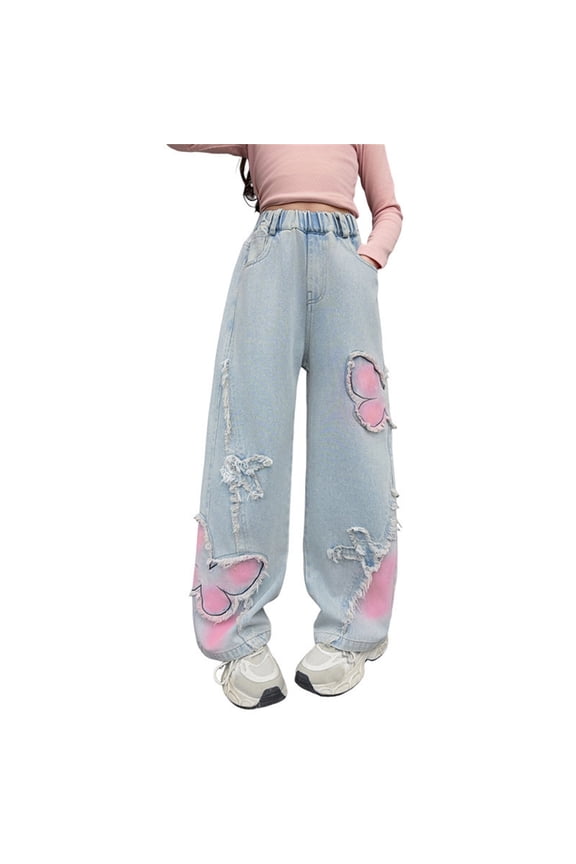 Baggy Jeans For Girls Kids Denim Pants Wide Leg Straight Fit Casual Trousers With Distressed Hem And Patch Design For Autumn Season Streetwear Pants 9-10 Years