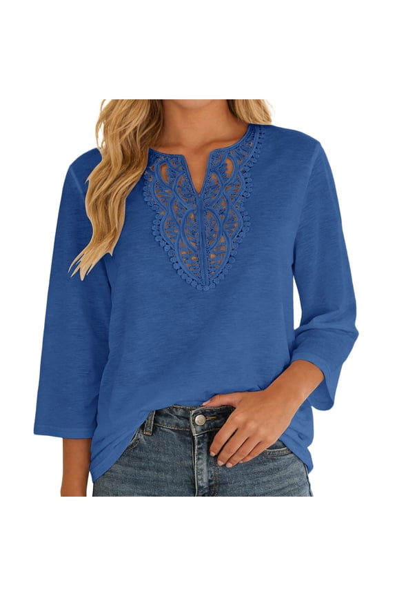 Blouses For Women Lace Trim Loose Fit Casual Solid Color 3/4 Sleeve Blouse Top For Everyday Comfort And Style Fashion Outfits Trendy Clothes
