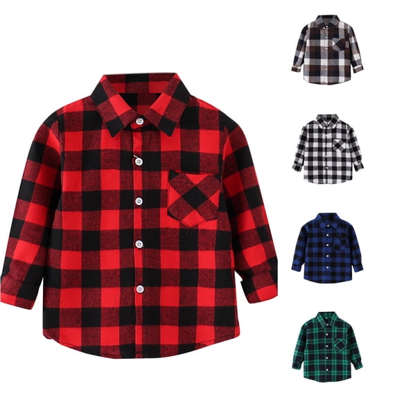 XIYON Boys Button Down Shirt Kids Toddler Plaid Long Sleeve Lapel Button Down Shirt Top Fall Winter Everyday Wear Fashion 5-6 Years