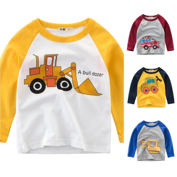 XIYON Boys Long Sleeve T-Shirts Toddler Kids Excavator Print Crew Neck T Shirts Casual Color Block Tee For Children Comfort 2-3 Years