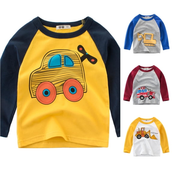 XIYON Boys Long Sleeve T-Shirts Toddler Kids Excavator Print Crew Neck T Shirts Casual Color Block Tee For Children Comfort 6-7 Years