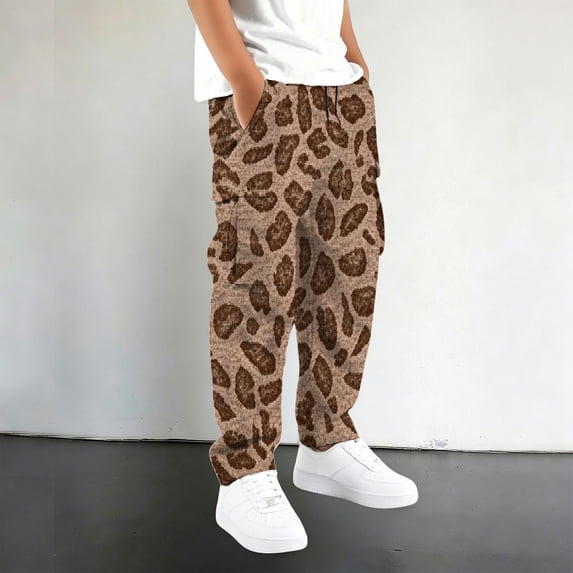 XIYON Boys Pants Leopard Print Cargo Pants Casual Straight Leg Trousers with Pockets for Outdoor Play 15-16 Years