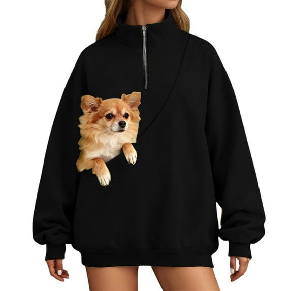 XIYON Cat Dog Pouch Sweatshirt For Women Half Zip Sweatshirts With Pocket Comfortable Pullover Top Fashion