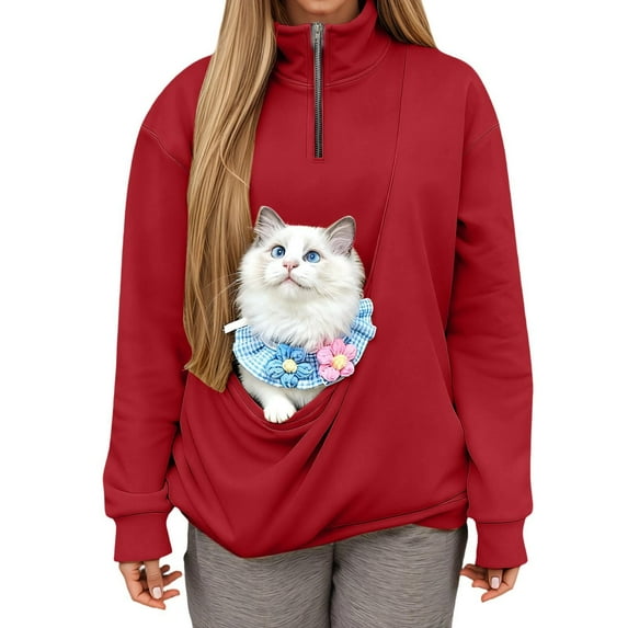 XIYON Cat Dog Pouch Sweatshirt For Women Half Zip Sweatshirts With Pocket Comfortable Pullover Womens Tops