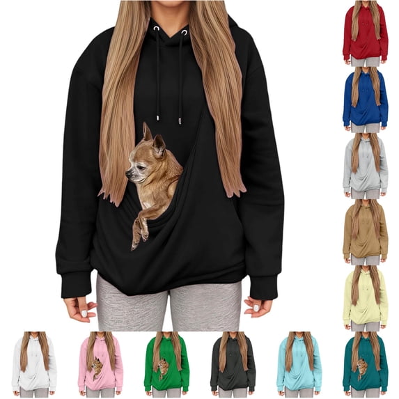 XIYON Cat Pouch Hoodie For Women Kangaroo Pocket Dog Pouch Hooded Sweatshirts Pet Carrier Pullover Animal Holder Long Sleeve Tops For Fall Winter Comfort