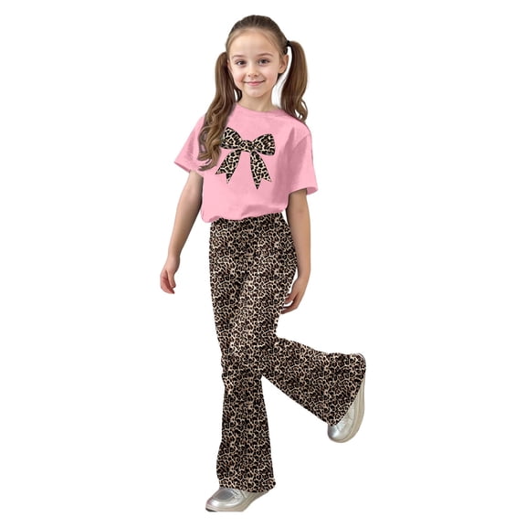 XIYON Cute Clothes For Girls Casual Fashion Outfit Bow Short Sleeve Top And Long Pants Comfy 2 Piece Playwear 9-10 Years