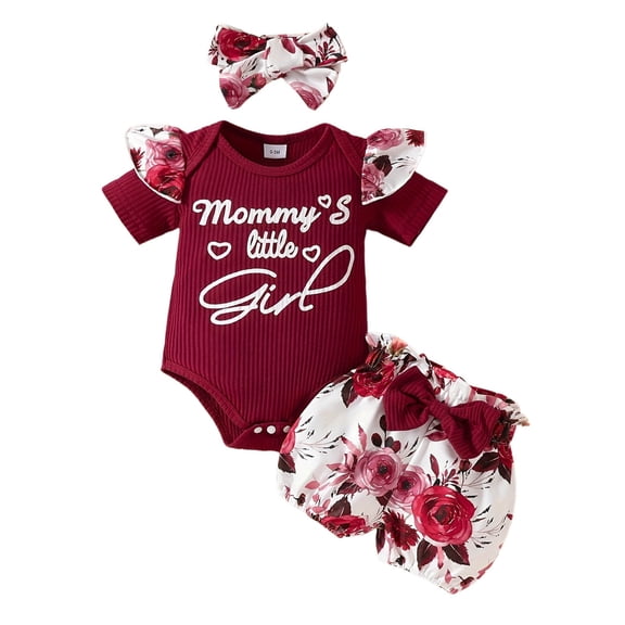 XIYON Cute Clothes For Girls Valentine's Day Baby Girl Outfit Heart Letter Printed Short Sleeve Bodysuit Ribbed Romper With Leopard Shorts And Headband 9-12 Months