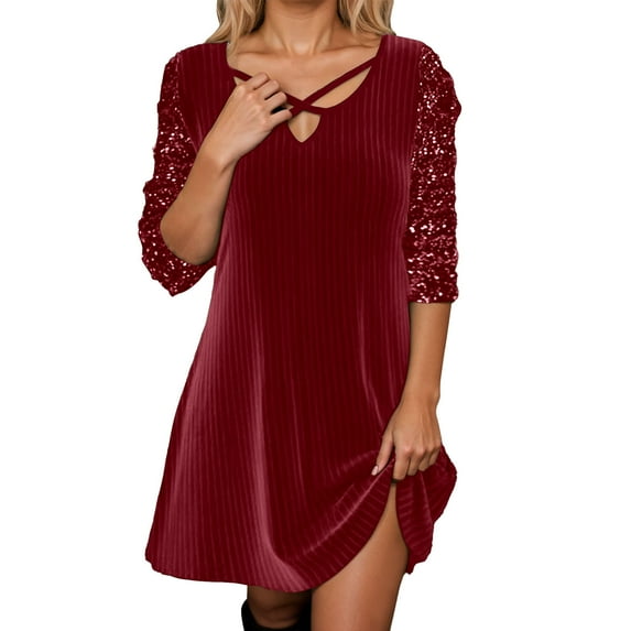 XIYON Dress For Women Casual Dress Fashion Solid Color Collar Long Sleeve Sequin Party Elegant Daily Wear Lady Tunic Elegant