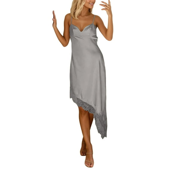 XIYON Dress For Women Lace Satin Asymmetrical Dress Spaghetti Strap High Low Silk Dress Layering Slip Dresses Party Elegant