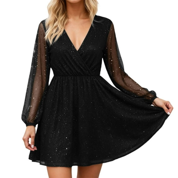 XIYON Dresses For Women Elegant Casual Dress With Mesh Sleeves And Gold Splatter Design Mid Length Flowy Party Attire For Daily Wear Comfortable And Stylish Going Out Dresses