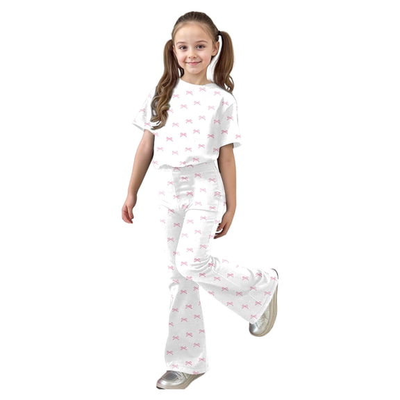XIYON Girl Clothes Girls Casual Fashion Outfit Bow Short Sleeve Top And Long Pants Comfy 2 Piece Playwear 9-10 Years