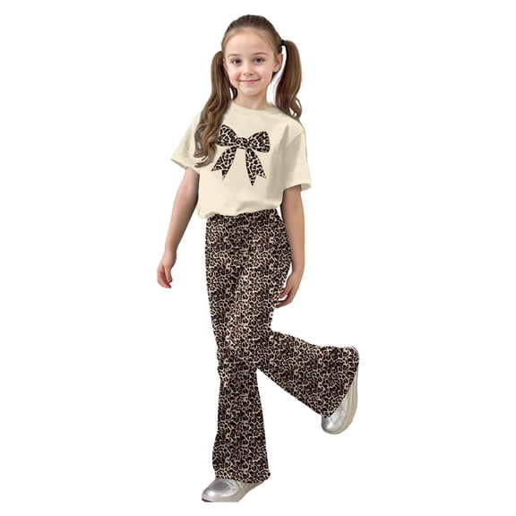 XIYON Girl Clothes Girls Casual Fashion Outfit Bow Short Sleeve Top And Long Pants Comfy 2 Piece Playwear 9-10 Years
