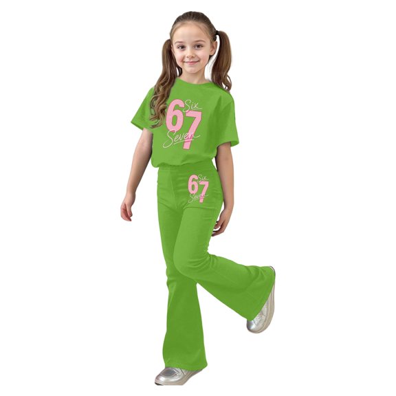 XIYON Girl Clothes Girls Casual Fashion Short Sleeve Top And Long Pants Outfit With Cute Printed Design Comfortable Daily Wear 9-10 Years