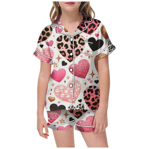XIYON Girl Clothes Valentine's Day Girls Cute Printed Satin Like Homewear 2 Piece Outfit With Comfortable Design 8-9 Years