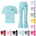 thumbnail image 1 of XIYON Girls Clothes Bow Print Short Sleeve Top and Flared Pants 2 Piece Outfit Set for Kids, 1 of 4