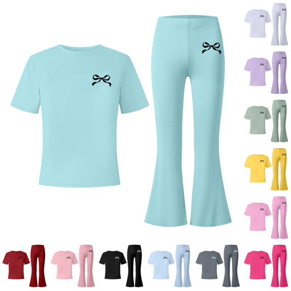 XIYON Girls Clothes Bow Print Short Sleeve Top and Flared Pants 2 Piece Outfit Set for Kids