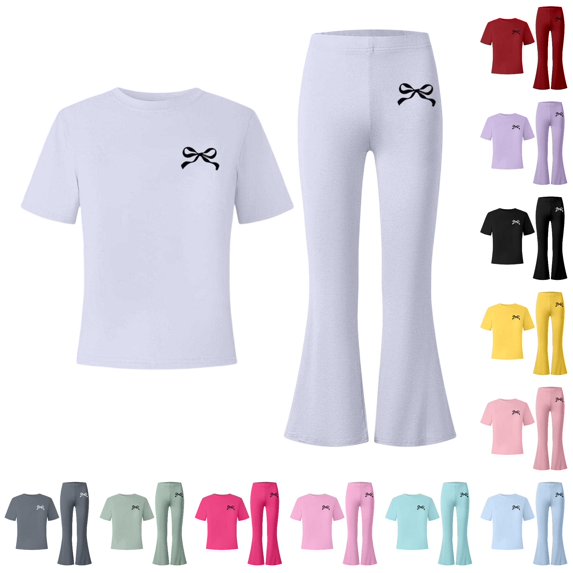 XIYON Girls Clothes Bow Print Short Sleeve Top and Flared Pants 2 Piece Outfit Set for Kids