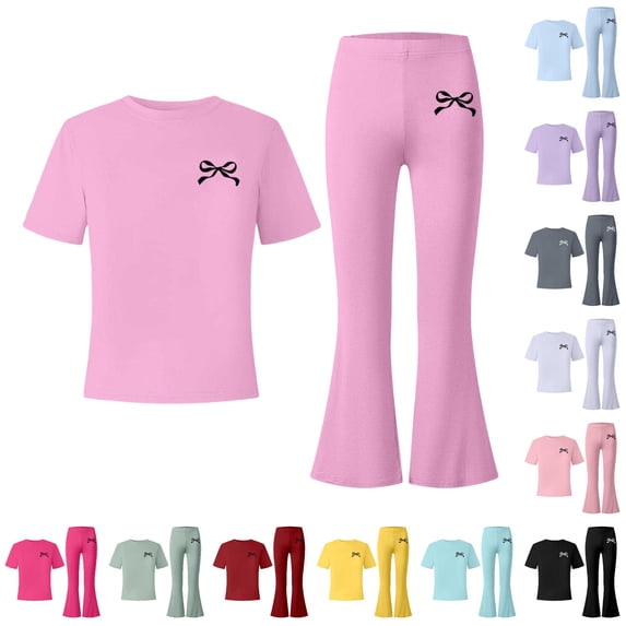 XIYON Girls Clothes Bow Print Short Sleeve Top and Flared Pants 2 Piece Outfit Set for Kids