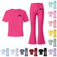 thumbnail image 1 of XIYON Girls Clothes Bow Print Short Sleeve Top and Flared Pants 2 Piece Outfit Set for Kids, 1 of 4
