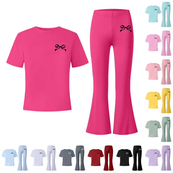 XIYON Girls Clothes Bow Print Short Sleeve Top and Flared Pants 2 Piece Outfit Set for Kids