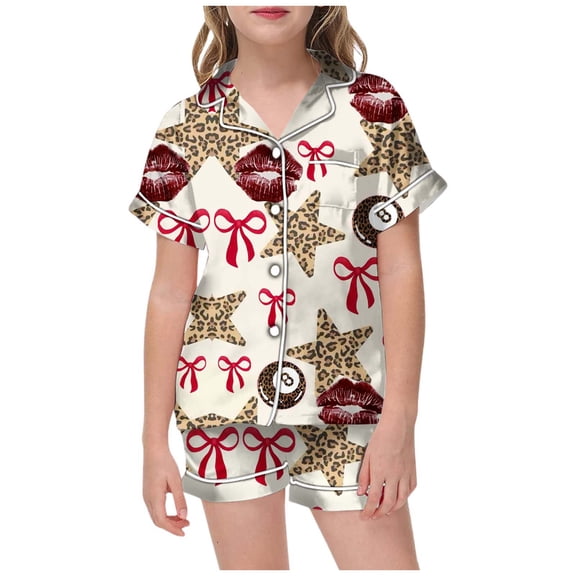 XIYON Girls Clothing Set Valentine's Day Girls Cute Printed Satin Like Homewear 2 Piece Outfit With Comfortable Design 4-5 Years