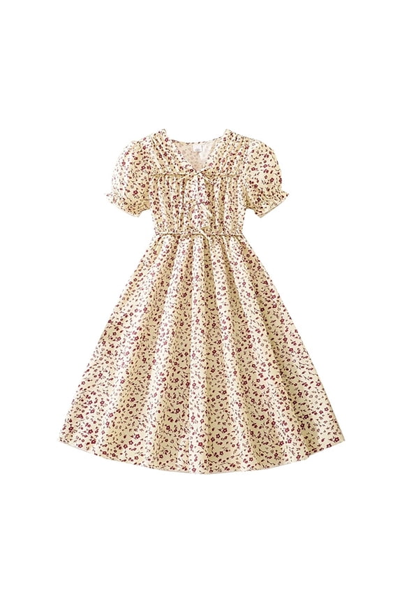 Girls Dress Summer Elegant Floral Print Short Sleeve Dress For Girls With A Fitted Waist And A Dramatic Gathered Dress Stylish Party Everyday Wear Dresses For Kids