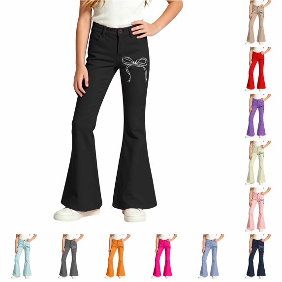 XIYON Girls Flare Pants Bow Print High Waist Bell Bottoms Casual Comfortable Trousers for Everyday Wear 11-12 Years