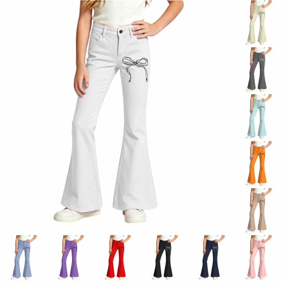 XIYON Girls Flare Pants Bow Print High Waist Bell Bottoms Casual Comfortable Trousers for Everyday Wear 9-10 Years