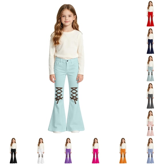 XIYON Girls Flare Pants High Waist Bell Bottoms Kids Stylish Casual Trousers with Pockets for Daily Wear 11-12 Years
