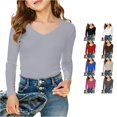 thumbnail image 1 of XIYON Girls Long Sleeve T Shirts Ribbed V Neck T Shirt Comfortable Stretchy Slim Fit Top For Kids And Tweens Soft Breathable Daily Wear Cute Tops 13-14 Years, 1 of 4