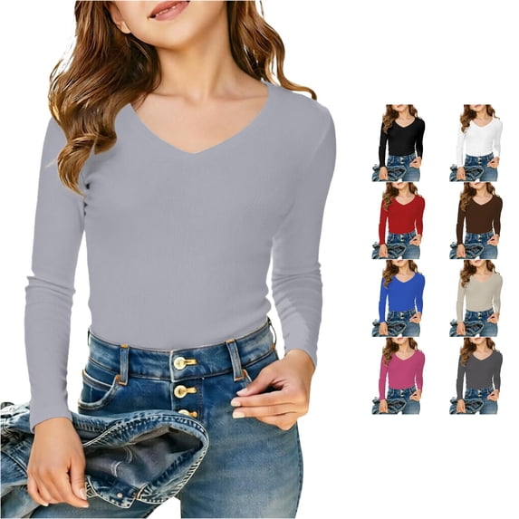 XIYON Girls Long Sleeve T Shirts Ribbed V Neck T Shirt Comfortable Stretchy Slim Fit Top For Kids And Tweens Soft Breathable Daily Wear Cute Tops 13-14 Years