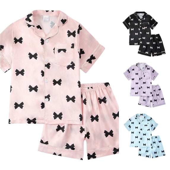 XIYON Girls Pajamas Set Bow Satin Sleepwear Short Sleeve Jammies For Kids Button Up Nightwear For Kids Comfortable Classic 5-6Years