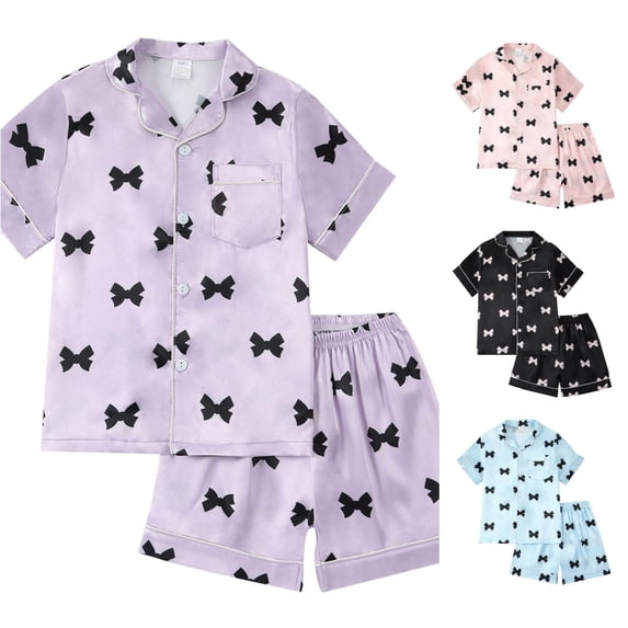 XIYON Girls Pajamas Set Bow Satin Sleepwear Short Sleeve Jammies For Kids Button Up Nightwear For Kids Comfortable Classic 6-7Years