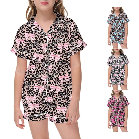XIYON Girls Pajamas Set Leopard Print Flannel Cozy Two Piece Sleepwear With Bow Detail Soft Nightwear For Toddlers And Kids Homewear 6-7 Years