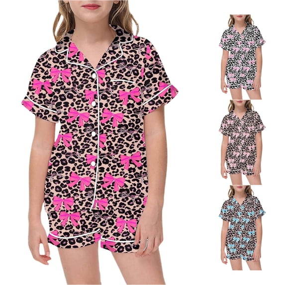 XIYON Girls Pajamas Set Leopard Print Flannel Cozy Two Piece Sleepwear With Bow Detail Soft Nightwear For Toddlers And Kids Homewear 8-9 Years