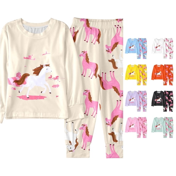 XIYON Girls Pajamas Set Winter Long Sleeve Sleepwear Top And Pants Comfortable Loungewear For Kids Soft Two Piece Outfit Comfort 7-8 Years