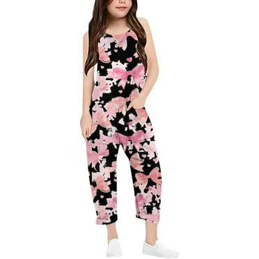 XIYON Girls Printed Casual V Spaghetti Jumpsuits Solid Color Loose Casual Romper With Pocket Spring Summer Onesie 7-8 Years