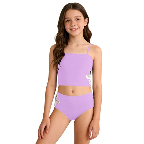 XIYON Girls Swimsuit 2 Piece Solid Color Swimwear With Side Floral Design And Strappy Tankini Top And Brief Bottoms Summer Beachwear For Kids Vacation Outfits Bathing Suits For Girls