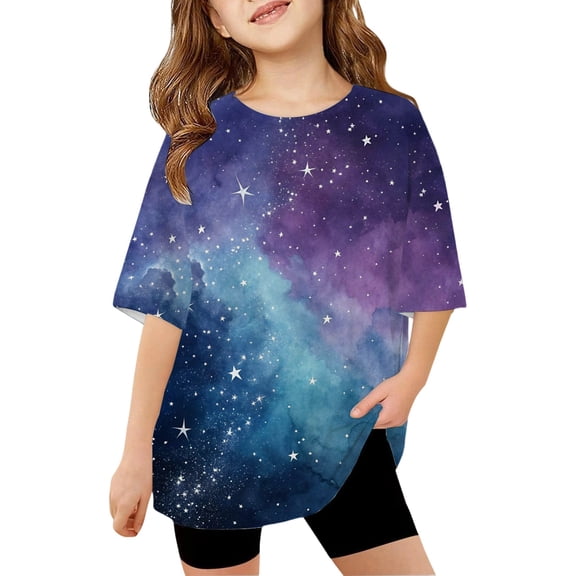 XIYON Girls T Shirts Girl Starry Sky Print Short Sleeve Tee Loose Fit Casual T Shirt For Kids Comfortable Blend Top Childrens Playwear Everyday Outfit Going Out Tops 8-9 Years