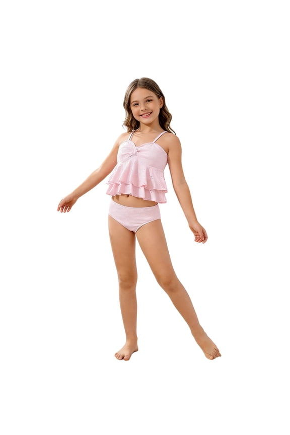 Girls' Two-Piece Bikini Sets With Ruffle Trim Floral Print Tankini And High Waist Bikini Bottom For Youth Comfortable Swimwear Summer Beach Bathing Suits For Girls