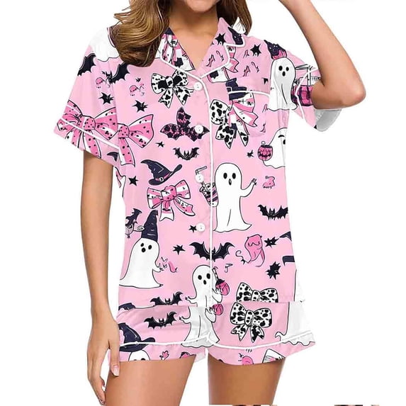 XIYON Halloween Pajamas Set for Women Ghost Print Short Sleeve Sleepwear Soft Button Down Loungewear Two-Piece Pjs Sets for Holiday Party