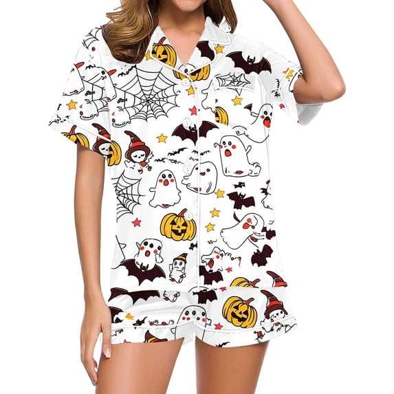 XIYON Halloween Pajamas Set for Women Ghost Pumpkin Print Short Sleeve Sleepwear Soft Button Down Loungewear Two-Piece Pjs Sets Comfort Nightwear