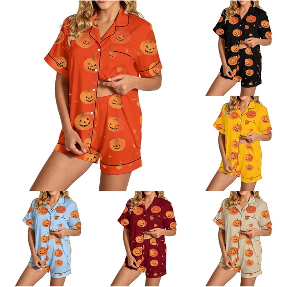 XIYON Halloween Pajamas Set for Women Pumpkin Print 2 Piece Sleepwear Short Sleeve Button Shirt and Shorts Set Casual Nightwear